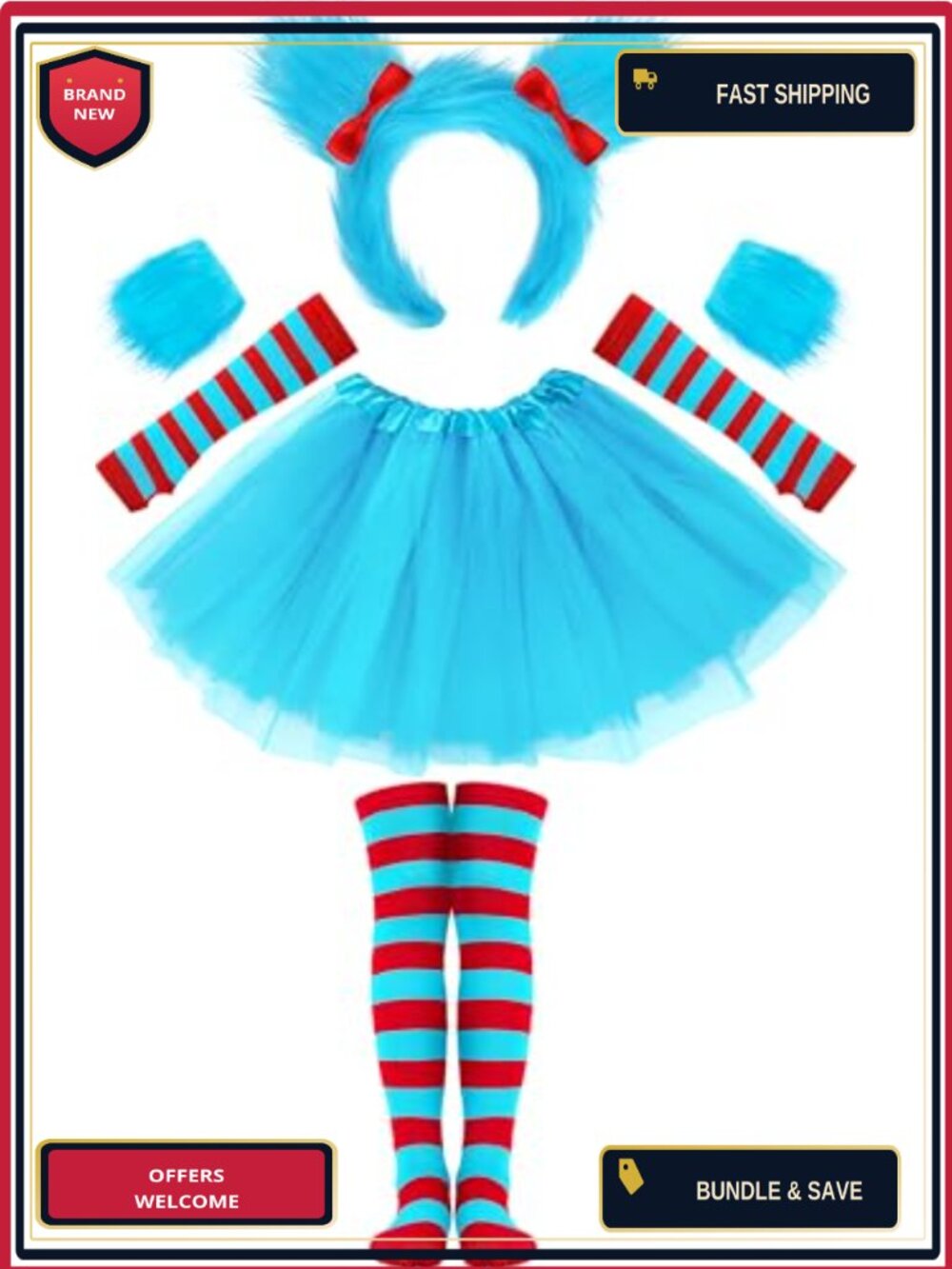 5 Pc Women Halloween Costume Set Tutu Skirt Headband Socks Gloves Cuffs